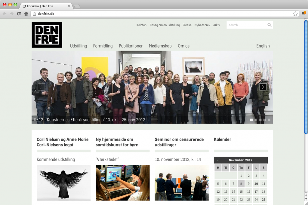 Med store ambitioner og et begrænset budget gik Den Frie WordPress-vejen, hvilket har givet maksimal eksponering og visualisering af husets mange aktiviteter. Site: www.denfrie.dk Implementering: Biberkopf Design: The BrightFuture, Dan Eggers Kunde: Den Frie