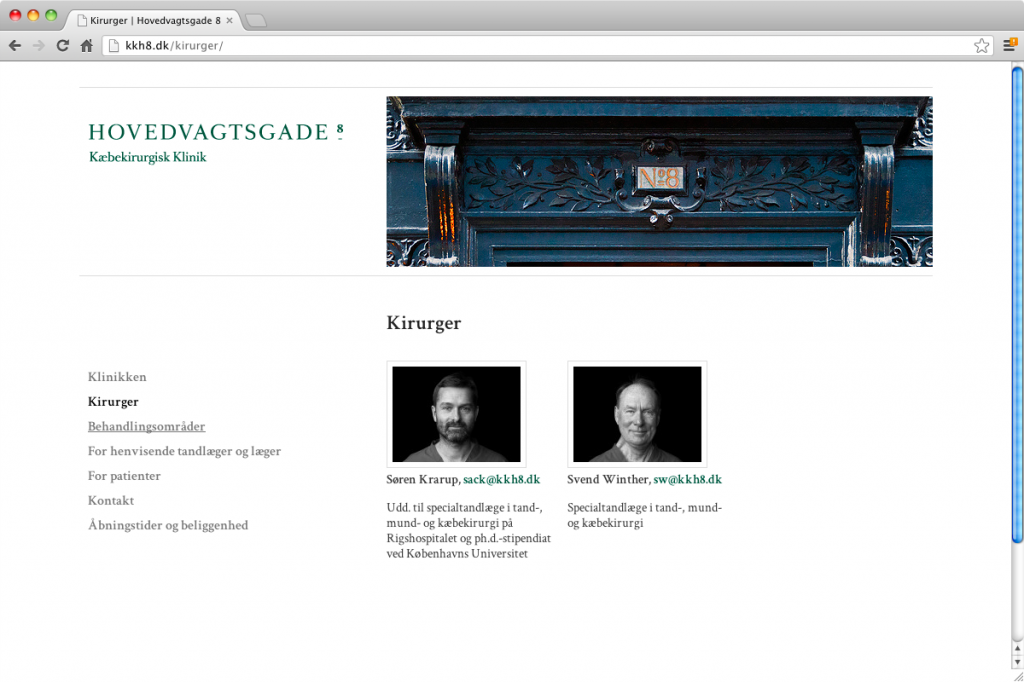 Da den velrenommerede kæbekirurgiske klinik i Hovedvagtsgade gennemgik et generationsskifte, valgte den nye ejer at opruste på internetsiden med en smagfuld og stram webside og ny grafisk identitet. Løsningen omfattede sikker formularhåndtering. Site: www.denfrie.dk Principdesign og identitet: Dan Eggers Implementering: Biberkopf Redesign og tilpasning: Kunden og Biberkopf Kunde: Kæbekirurgisk Klinik Hovedvagtsgade 8